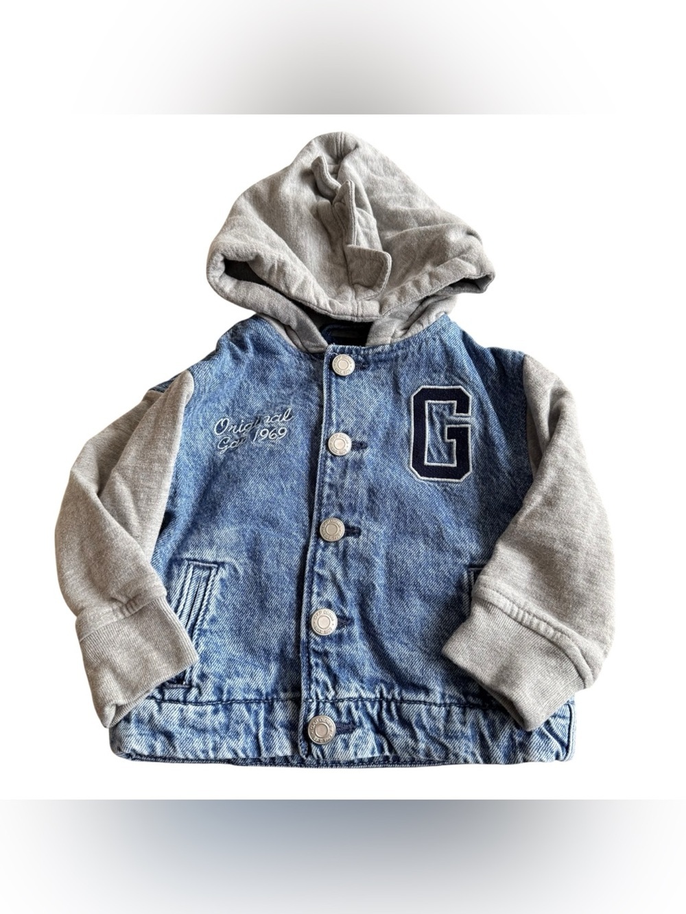 GAP Blue Denim Jacket with Grey Hood & Sleeves